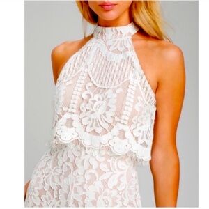 LuLu’s lace off white nude lined halter jumpsuit